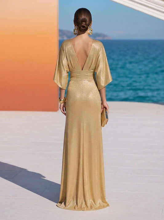 Elegant A-Line V-Neck Sleeved Ruched Backless Gold Long Prom Dresses Women