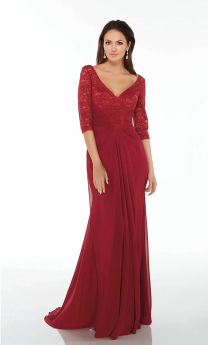 Elegant A-Line V-Neck Sleeved Ruched Beaded Burgundy Maxi Evening Dresses Women