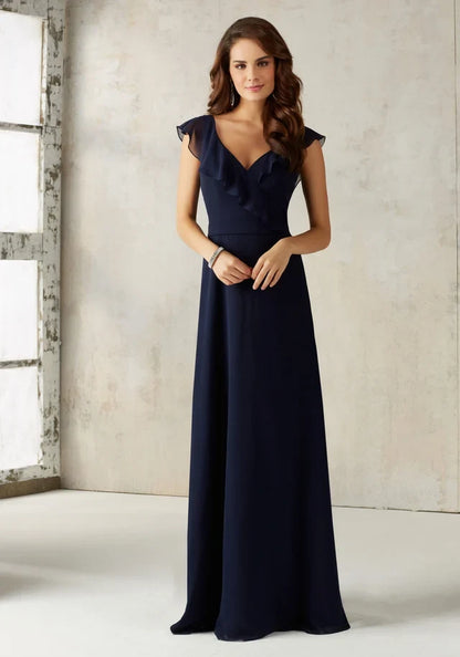 Elegant A-Line V-Neck Sleeved Ruffled Backless Navy Maxi Bridesmaid Dress Women