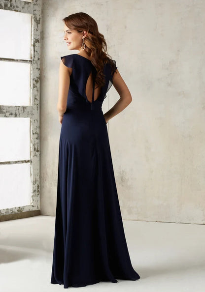 Elegant A-Line V-Neck Sleeved Ruffled Backless Navy Maxi Bridesmaid Dress Women