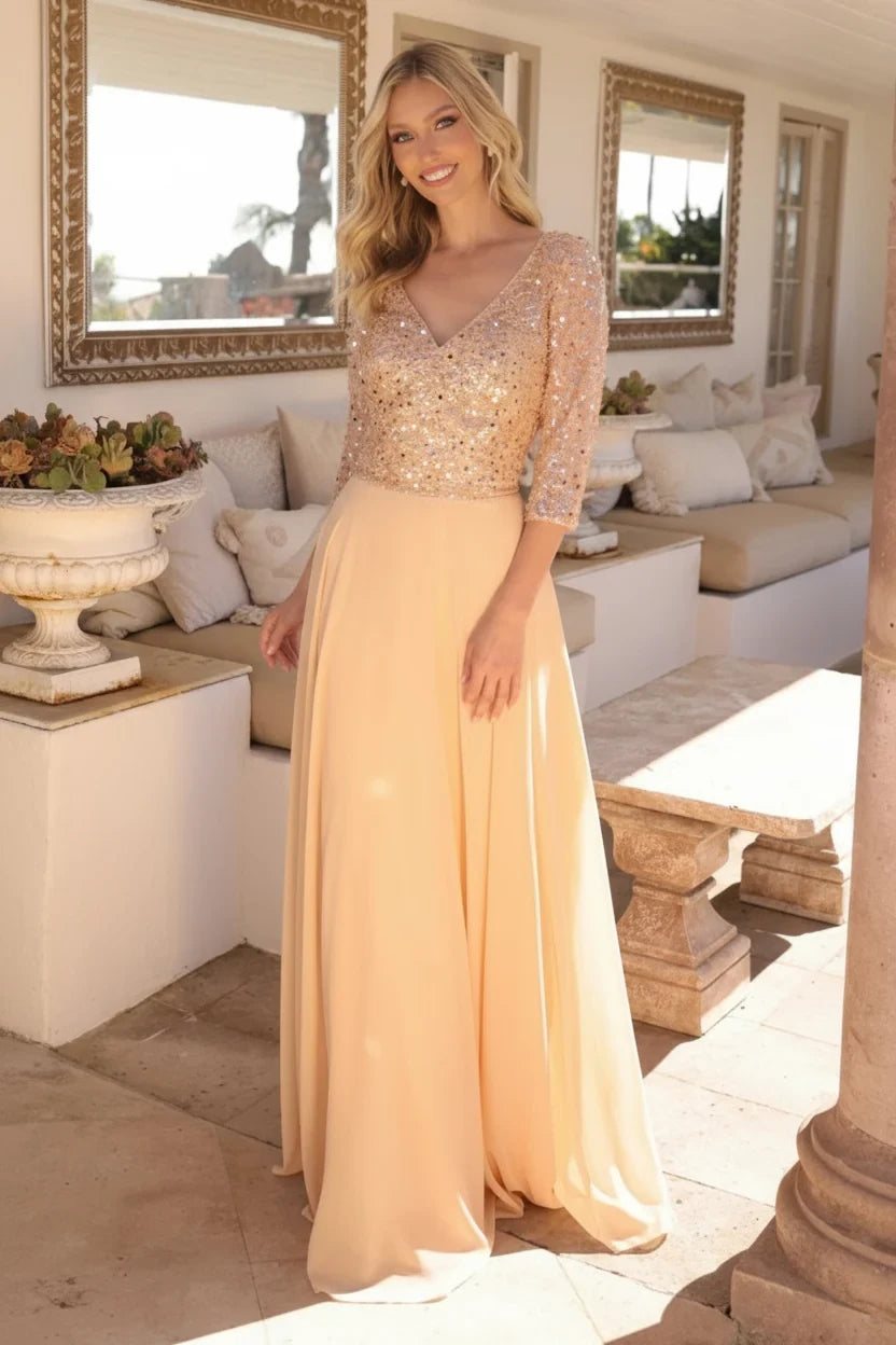 Elegant A-Line V-Neck Sleeved Sequin Champagne Mother of the Bride Dress