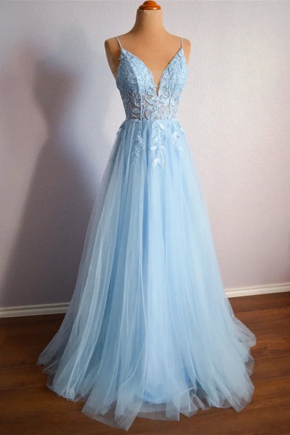 Elegant A-Line V-Neck Sleeveless Appliques Lace-Up Light Blue Floor-Length Prom Dress