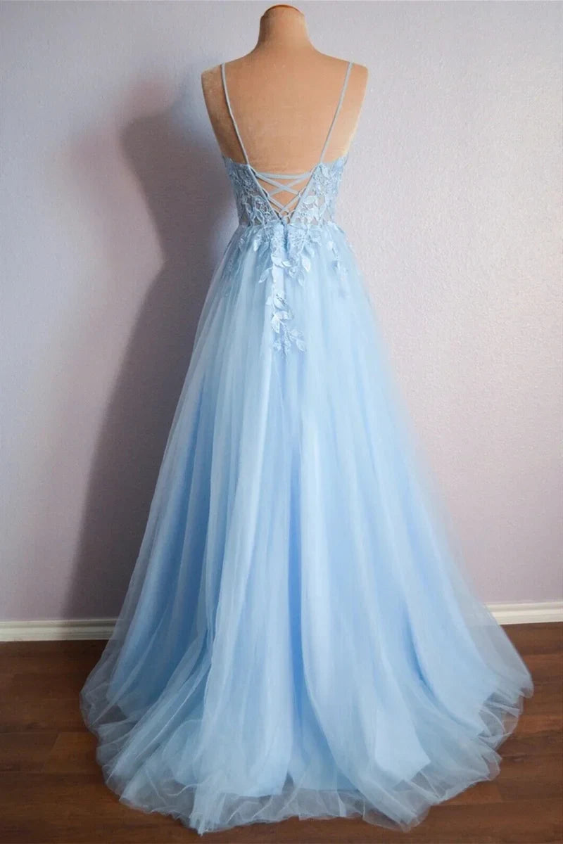 Elegant A-Line V-Neck Sleeveless Appliques Lace-Up Light Blue Floor-Length Prom Dress