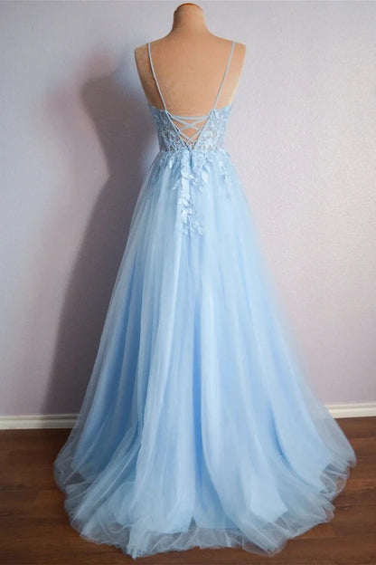 Elegant A-Line V-Neck Sleeveless Appliques Lace-Up Light Blue Floor-Length Prom Dress