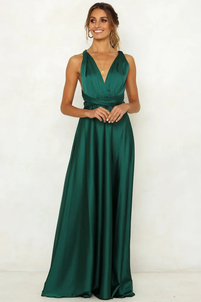 Elegant A-Line V-Neck Sleeveless Backless Pleated Green Maxi Evening Dresses Women