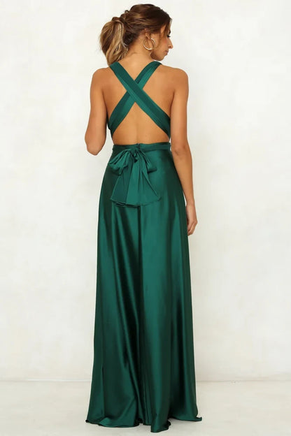 Elegant A-Line V-Neck Sleeveless Backless Pleated Green Maxi Evening Dresses Women