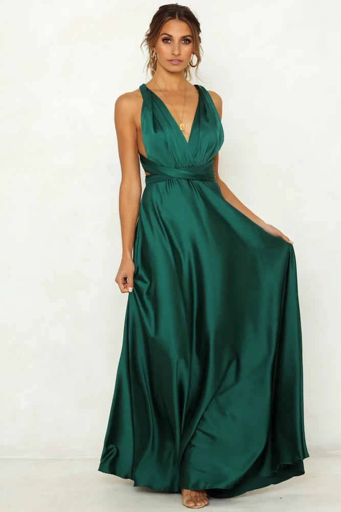Elegant A-Line V-Neck Sleeveless Backless Pleated Green Maxi Evening Dresses Women