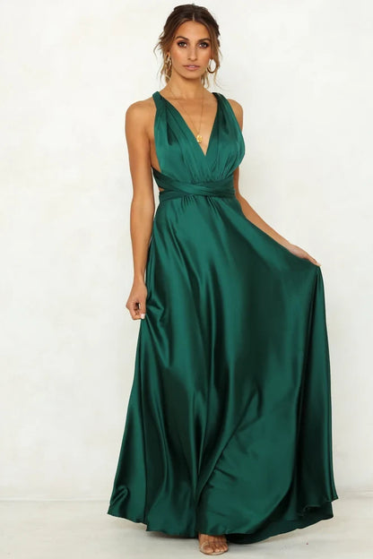 Elegant A-Line V-Neck Sleeveless Backless Pleated Green Maxi Evening Dresses Women