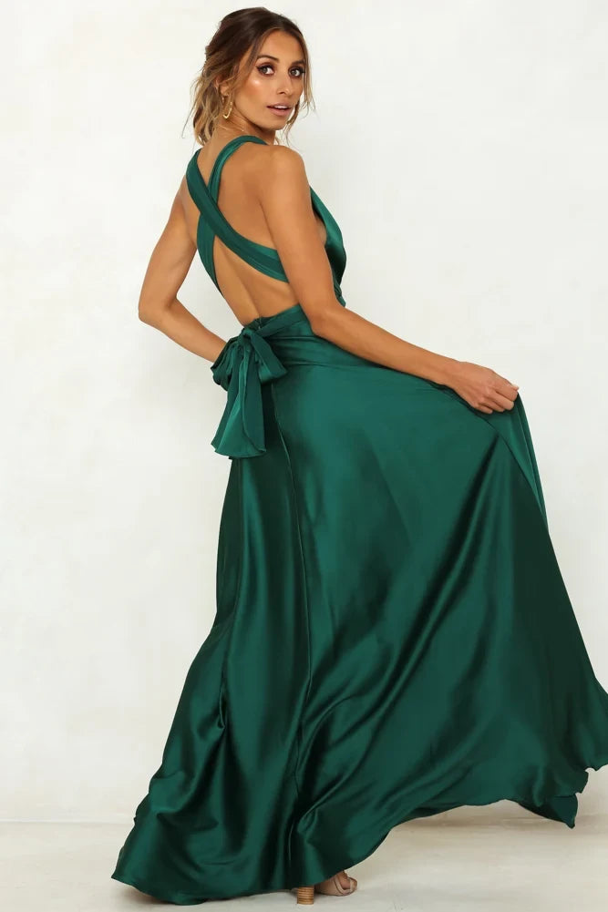 Elegant A-Line V-Neck Sleeveless Backless Pleated Green Maxi Evening Dresses Women