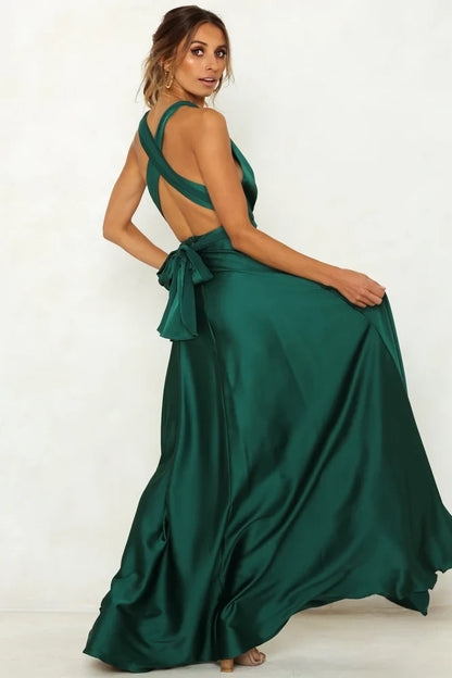 Elegant A-Line V-Neck Sleeveless Backless Pleated Green Maxi Evening Dresses Women