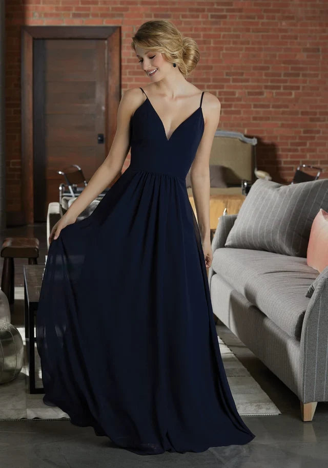 Elegant A-Line V-Neck Sleeveless Backless Pleated Navy Long Bridesmaid Dress Gown