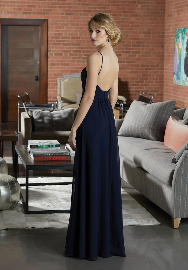 Elegant A-Line V-Neck Sleeveless Backless Pleated Navy Long Bridesmaid Dress Gown