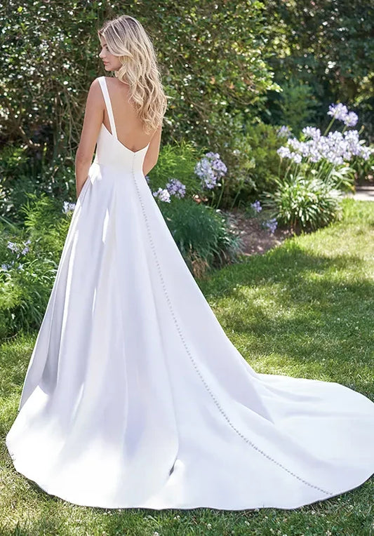 Elegant A-Line V-Neck Sleeveless Backless Pocket White Maxi Wedding Dresses Bride