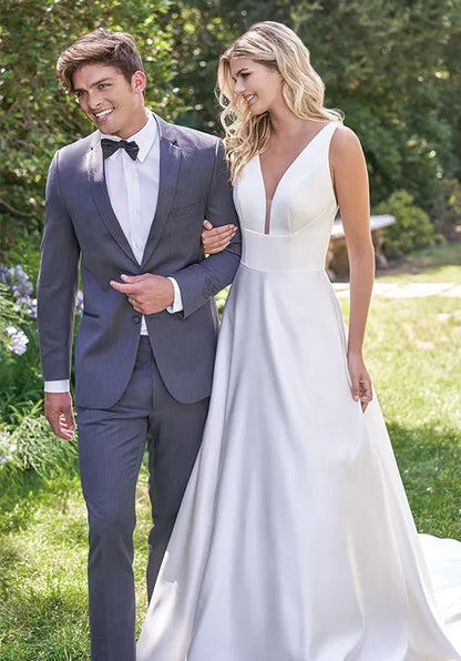 Elegant A-Line V-Neck Sleeveless Backless Pocket White Maxi Wedding Dresses Bride