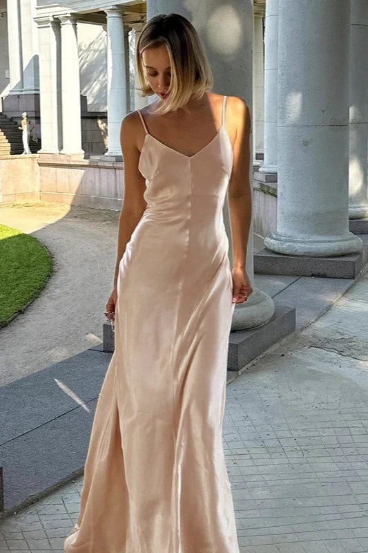 Elegant A-Line V-Neck Sleeveless Backless Slit Champagne Blush Floor-Length Prom Gown