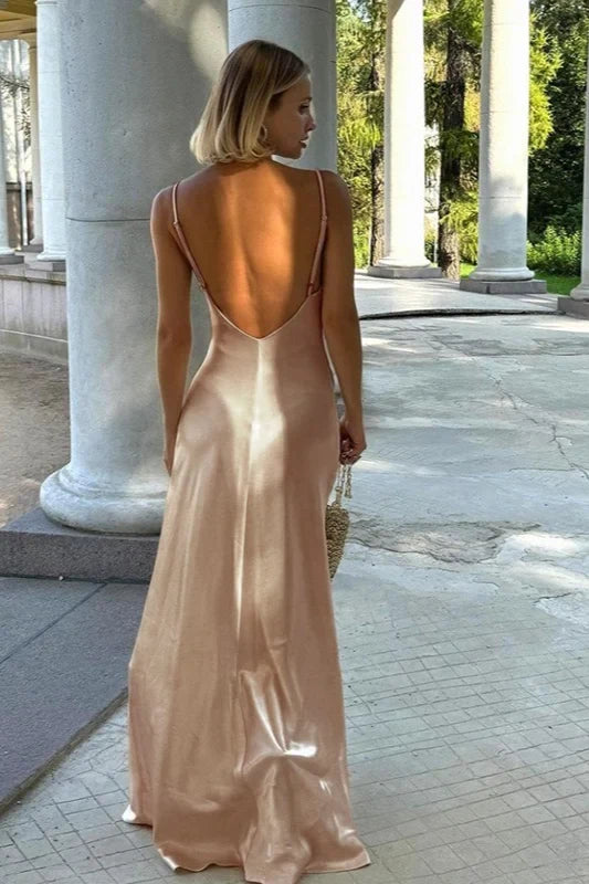 Elegant A-Line V-Neck Sleeveless Backless Slit Champagne Blush Floor-Length Prom Gown
