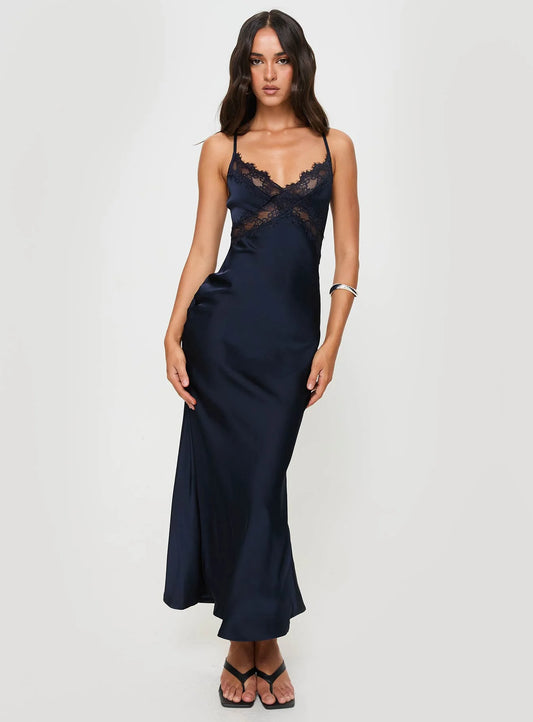 Elegant A-Line V-Neck Sleeveless Backless Strappy Navy Blue Maxi Prom Dresses Women's