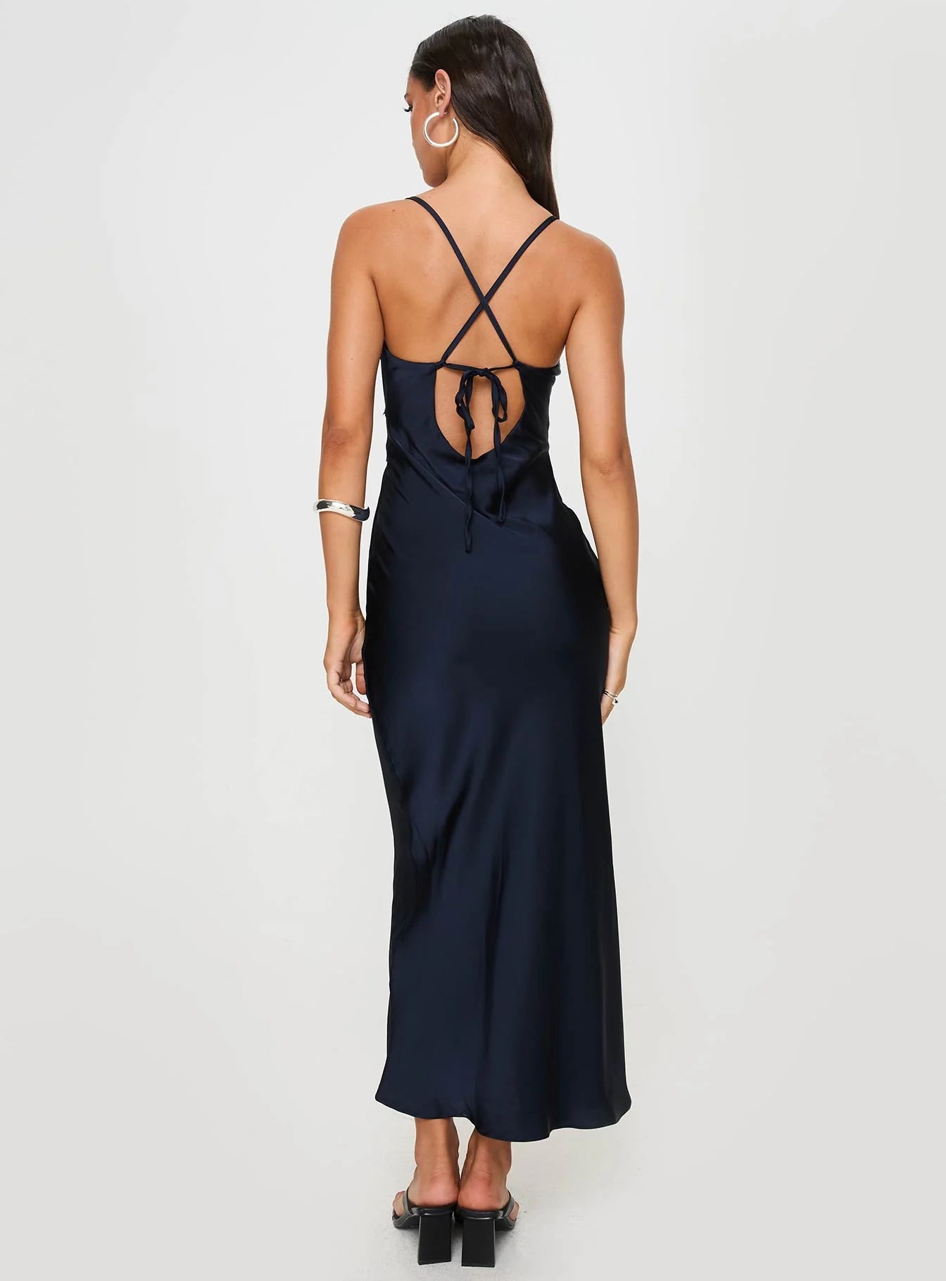 Elegant A-Line V-Neck Sleeveless Backless Strappy Navy Blue Maxi Prom Dresses Women's