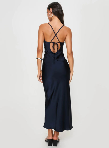 Elegant A-Line V-Neck Sleeveless Backless Strappy Navy Blue Maxi Prom Dresses Women's
