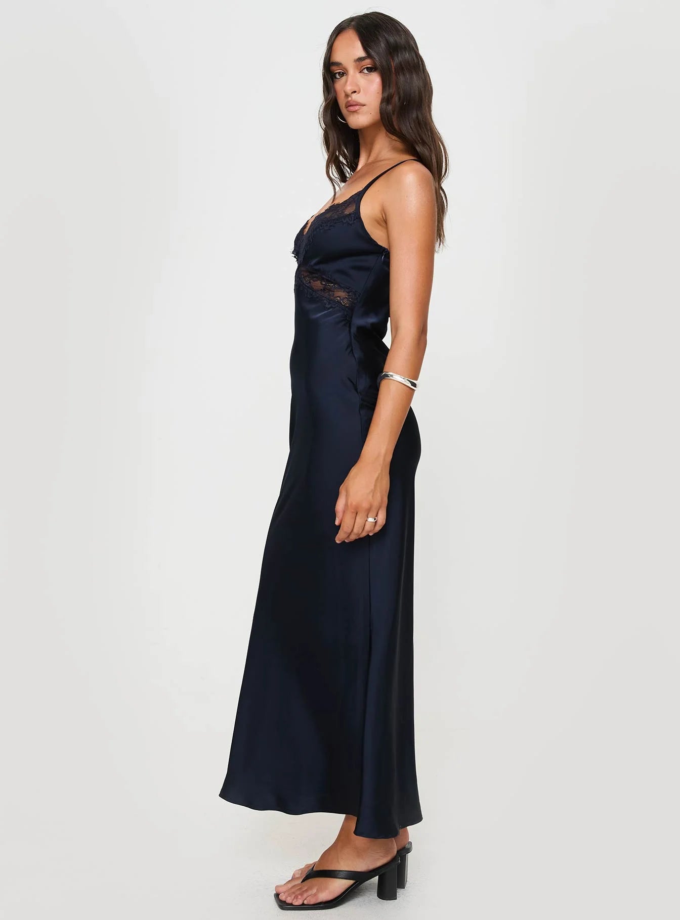 Elegant A-Line V-Neck Sleeveless Backless Strappy Navy Blue Maxi Prom Dresses Women's