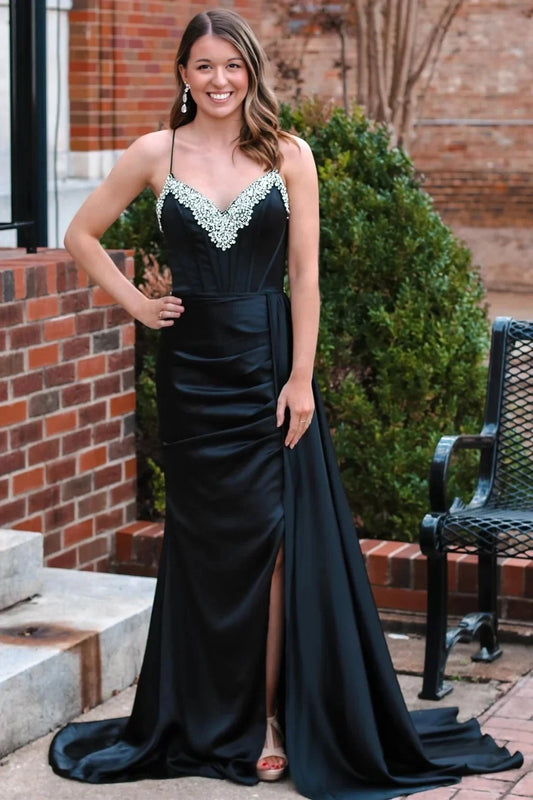 Elegant A-Line V-Neck Sleeveless Beaded Corset Black Floor-Length Prom Dresses Women's Gown