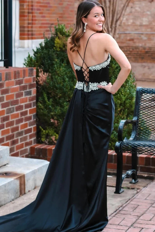 Elegant A-Line V-Neck Sleeveless Beaded Corset Black Floor-Length Prom Dresses Women's Gown