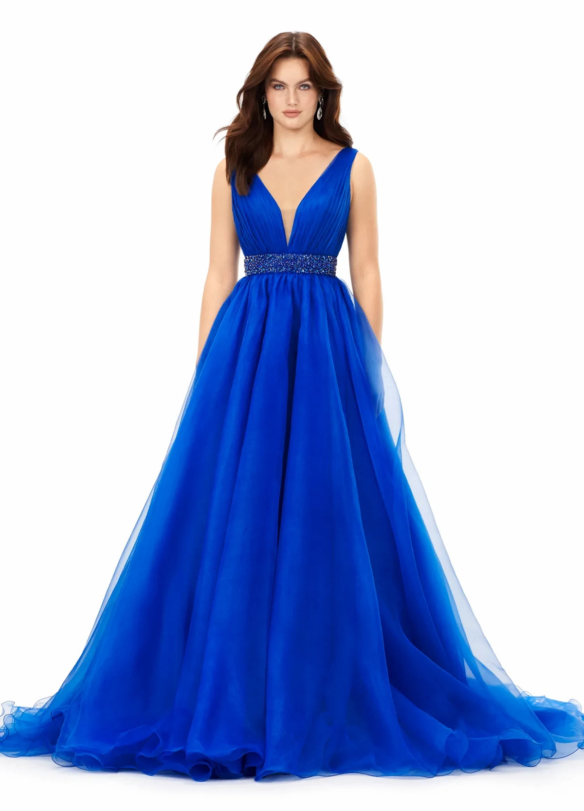 Elegant A-Line V-Neck Sleeveless Beaded Flowy Royal Blue Floor-Length Evening Dress