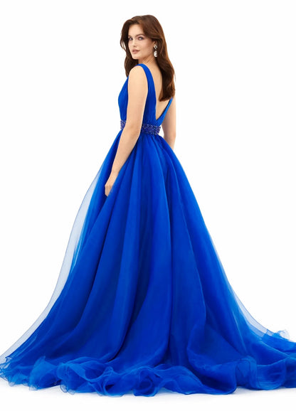 Elegant A-Line V-Neck Sleeveless Beaded Flowy Royal Blue Floor-Length Evening Dress