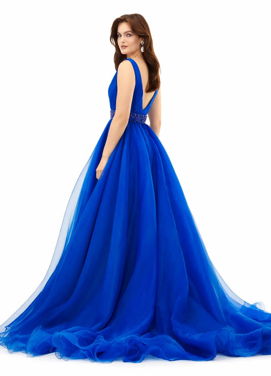 Elegant A-Line V-Neck Sleeveless Beaded Flowy Royal Blue Floor-Length Evening Dress