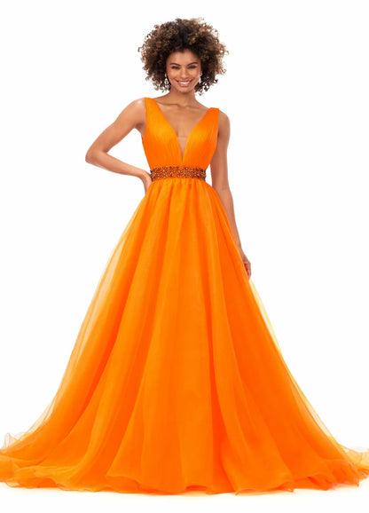 Elegant A-Line V-Neck Sleeveless Beaded Flowy Royal Blue Floor-Length Evening Dress