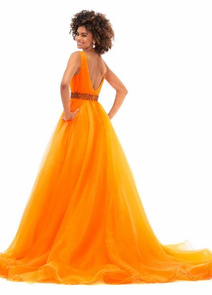 Elegant A-Line V-Neck Sleeveless Beaded Flowy Royal Blue Floor-Length Evening Dress