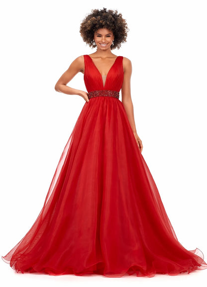 Elegant A-Line V-Neck Sleeveless Beaded Flowy Royal Blue Floor-Length Evening Dress