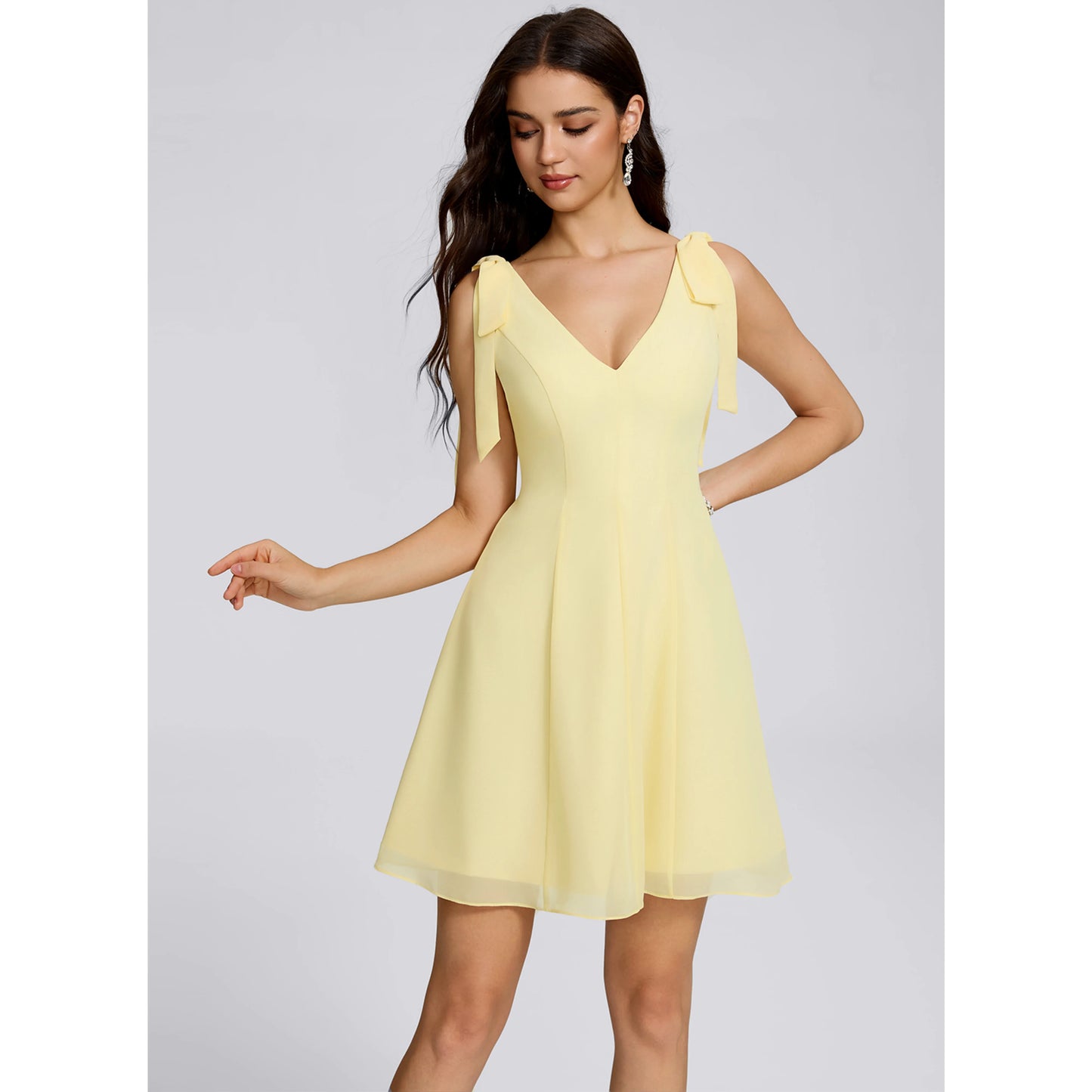 Elegant A-Line V-Neck Sleeveless Bow-Tie Short Yellow Homecoming Dress