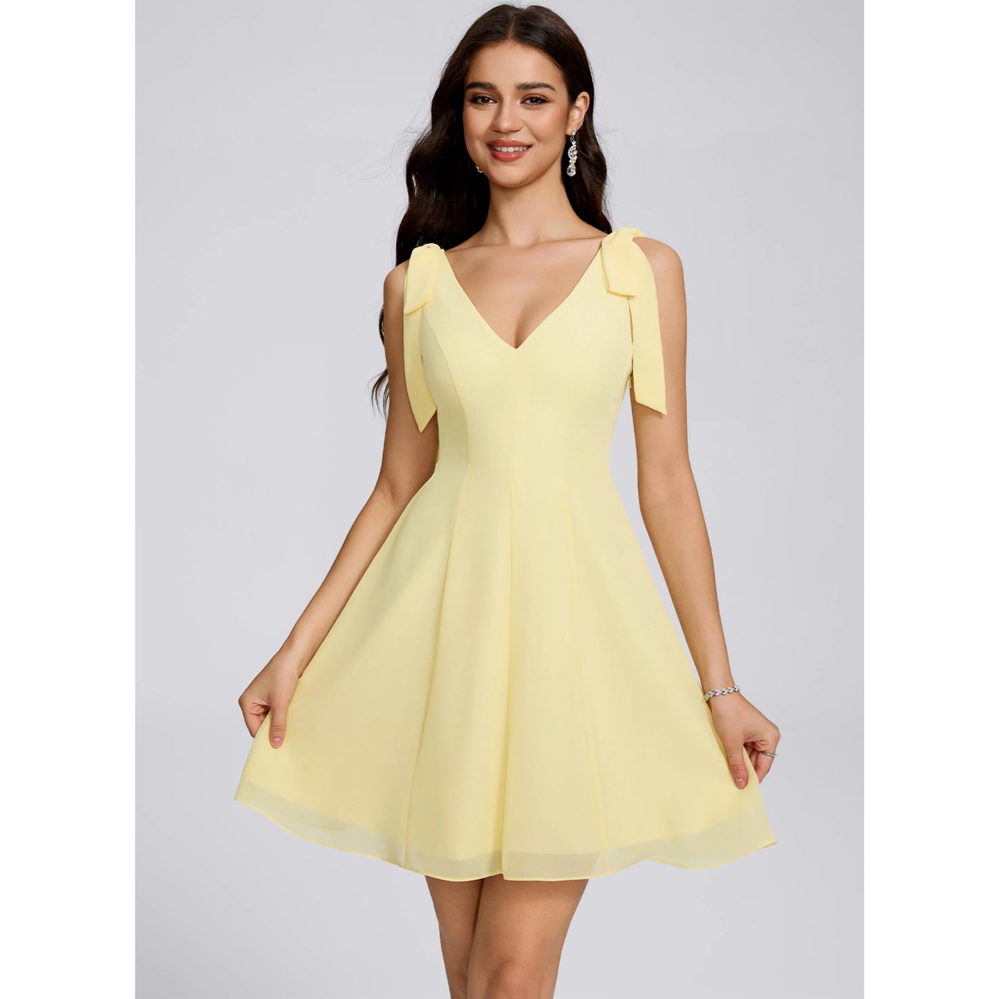 Elegant A-Line V-Neck Sleeveless Bow-Tie Short Yellow Homecoming Dress