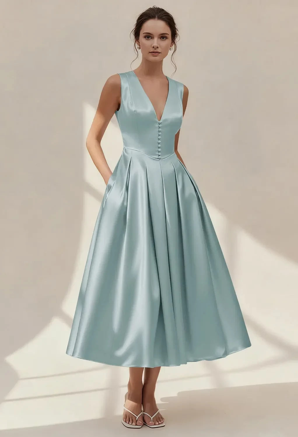Elegant A-Line V-Neck Sleeveless Button Pleated Blue Midi Bridesmaid Dress Women