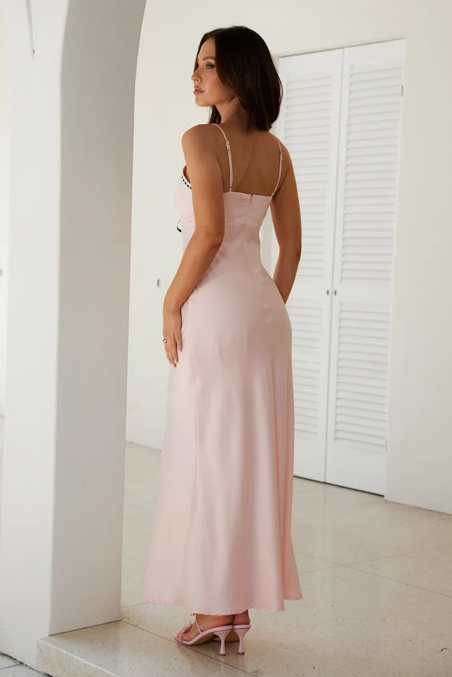 Elegant A-Line V-Neck Sleeveless Chic Bow Blush Pink Maxi Prom Dress