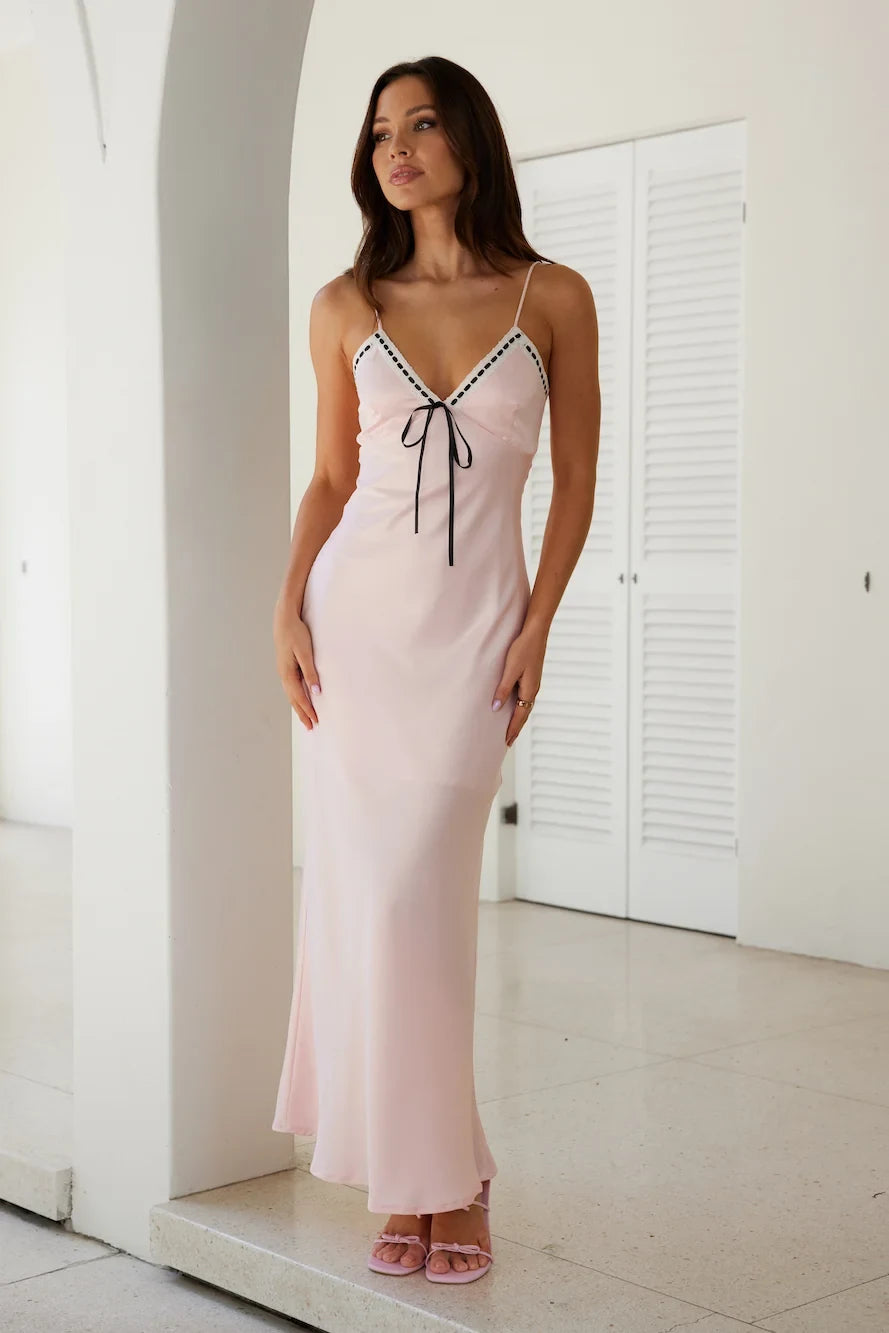 Elegant A-Line V-Neck Sleeveless Chic Bow Blush Pink Maxi Prom Dress