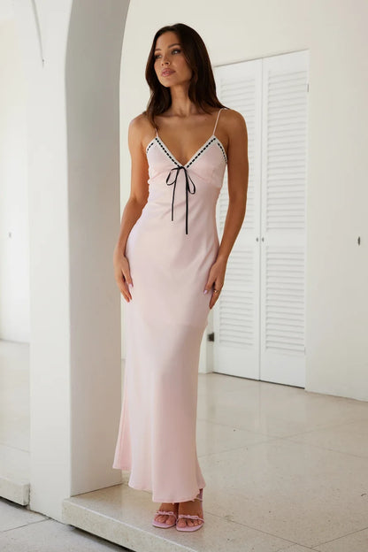 Elegant A-Line V-Neck Sleeveless Chic Bow Blush Pink Maxi Prom Dress