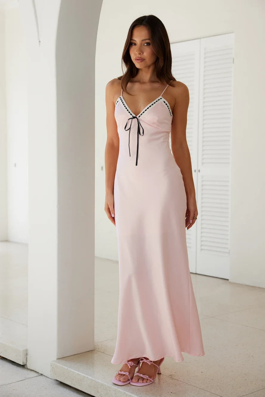 Elegant A-Line V-Neck Sleeveless Chic Bow Blush Pink Maxi Prom Dress