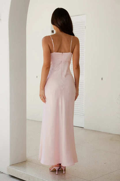 Elegant A-Line V-Neck Sleeveless Chic Bow Blush Pink Maxi Prom Dress