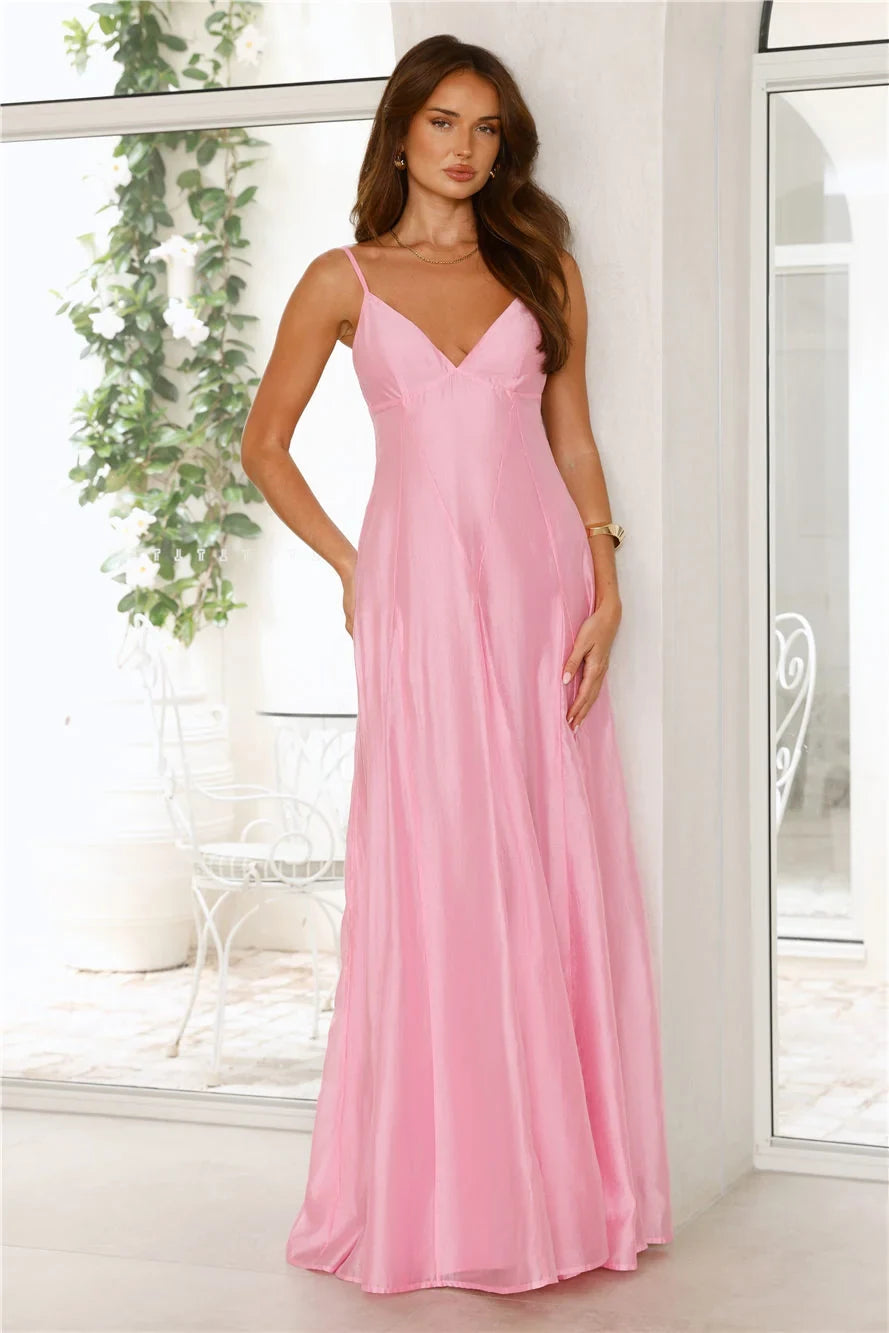 Elegant A-Line V-Neck Sleeveless Chic Pastel Pink Floor-Length Prom Dress