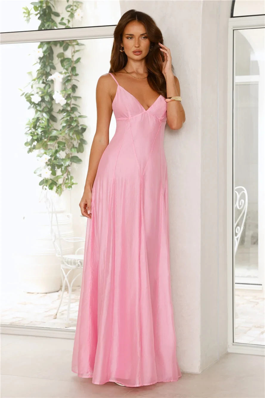 Elegant A-Line V-Neck Sleeveless Chic Pastel Pink Floor-Length Prom Dress