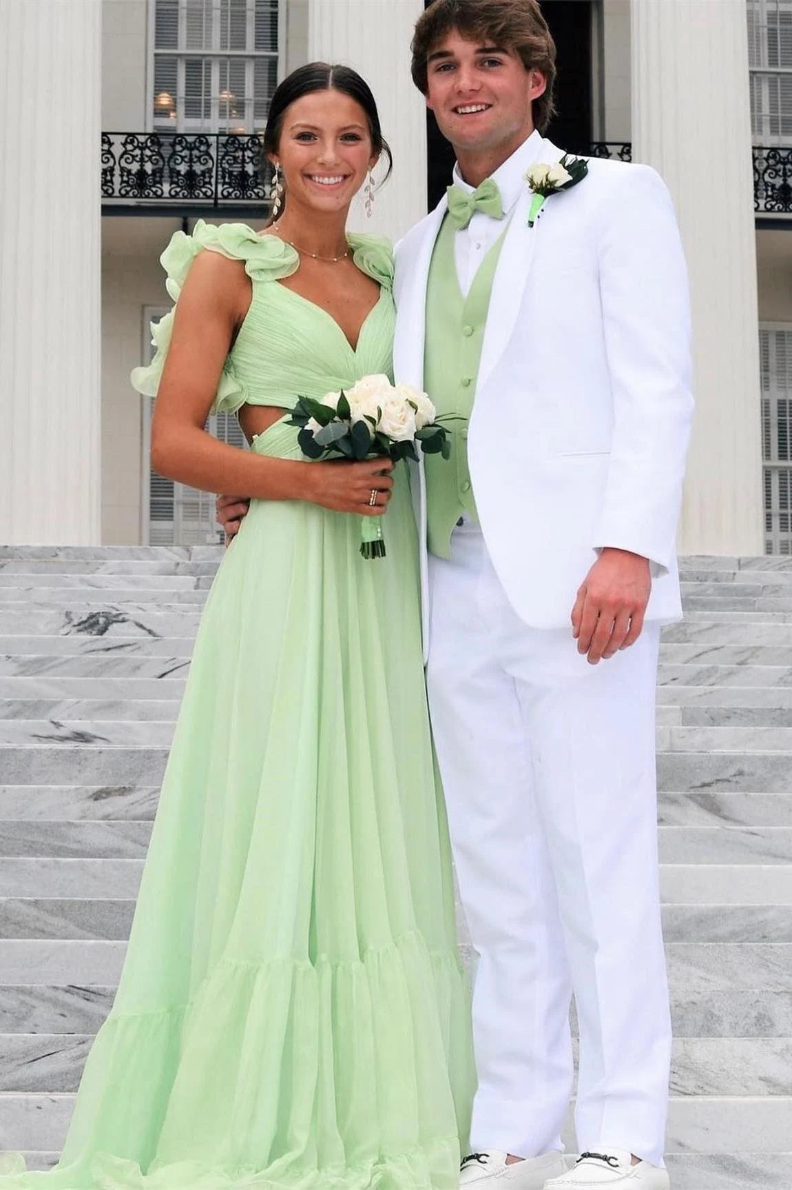 Elegant A-Line V-Neck Sleeveless Cutout Ruffled Green Long Prom Dresses Women