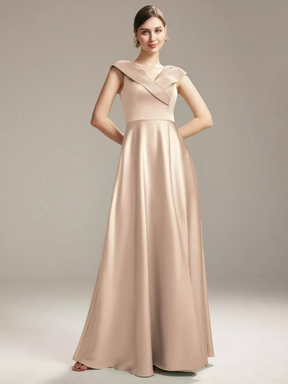 Elegant A-Line V-Neck Sleeveless Draped Champagne Floor-Length Bridesmaid Dress For Women