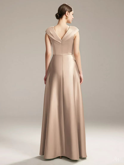 Elegant A-Line V-Neck Sleeveless Draped Champagne Floor-Length Bridesmaid Dress For Women