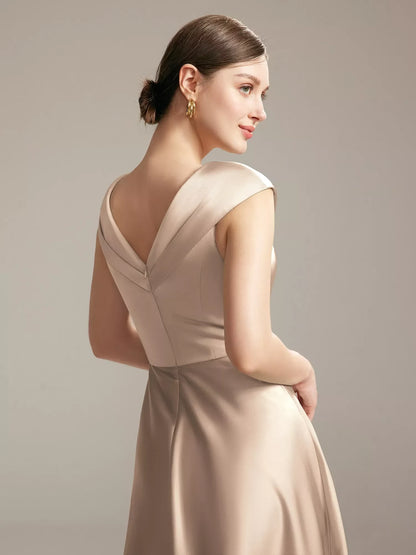 Elegant A-Line V-Neck Sleeveless Draped Champagne Floor-Length Bridesmaid Dress For Women