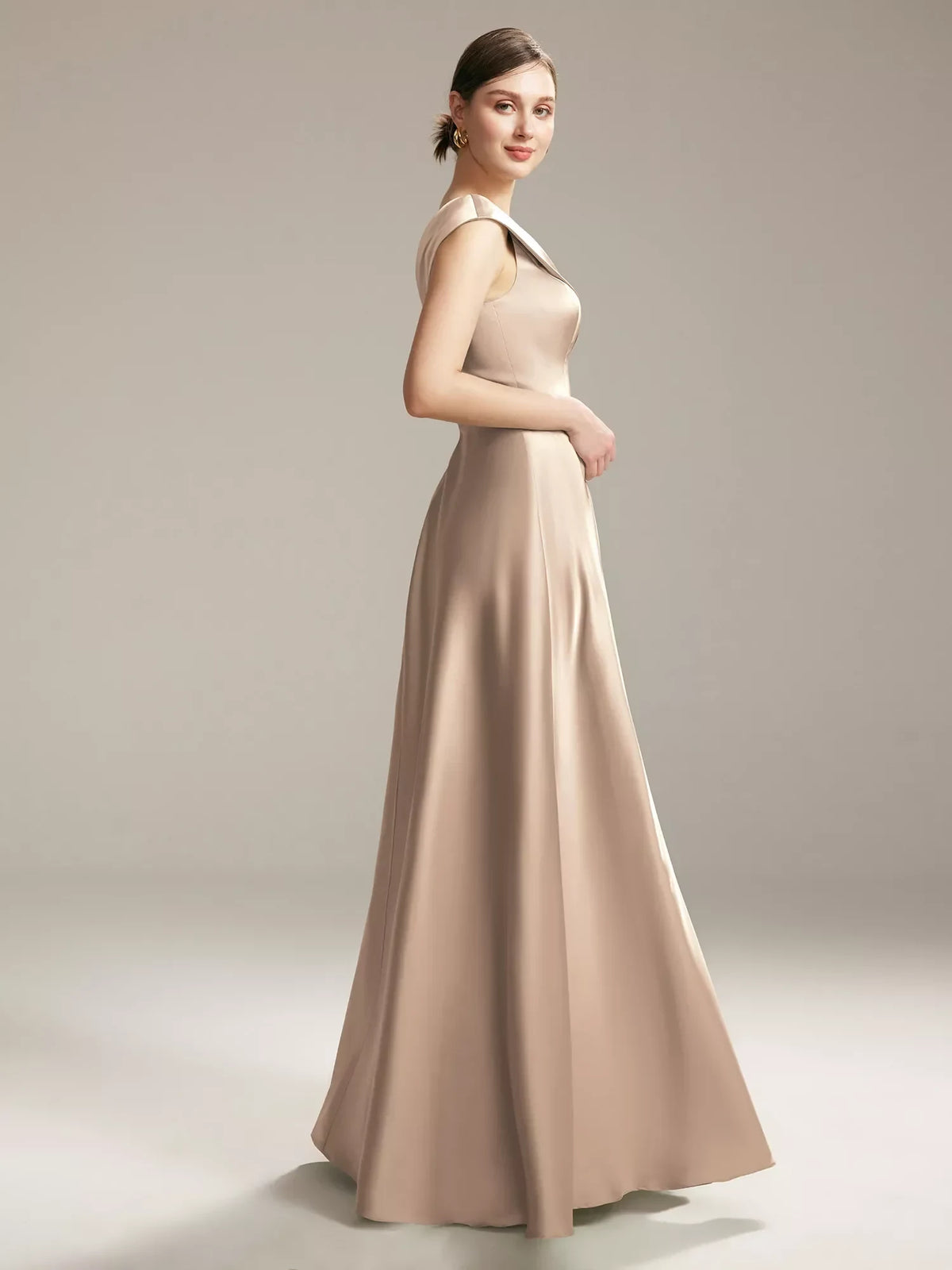 Elegant A-Line V-Neck Sleeveless Draped Champagne Floor-Length Bridesmaid Dress For Women