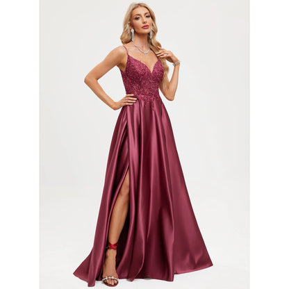 Elegant A-Line V-Neck Sleeveless Embellished Slit Burgundy Floor-Length Prom Dress