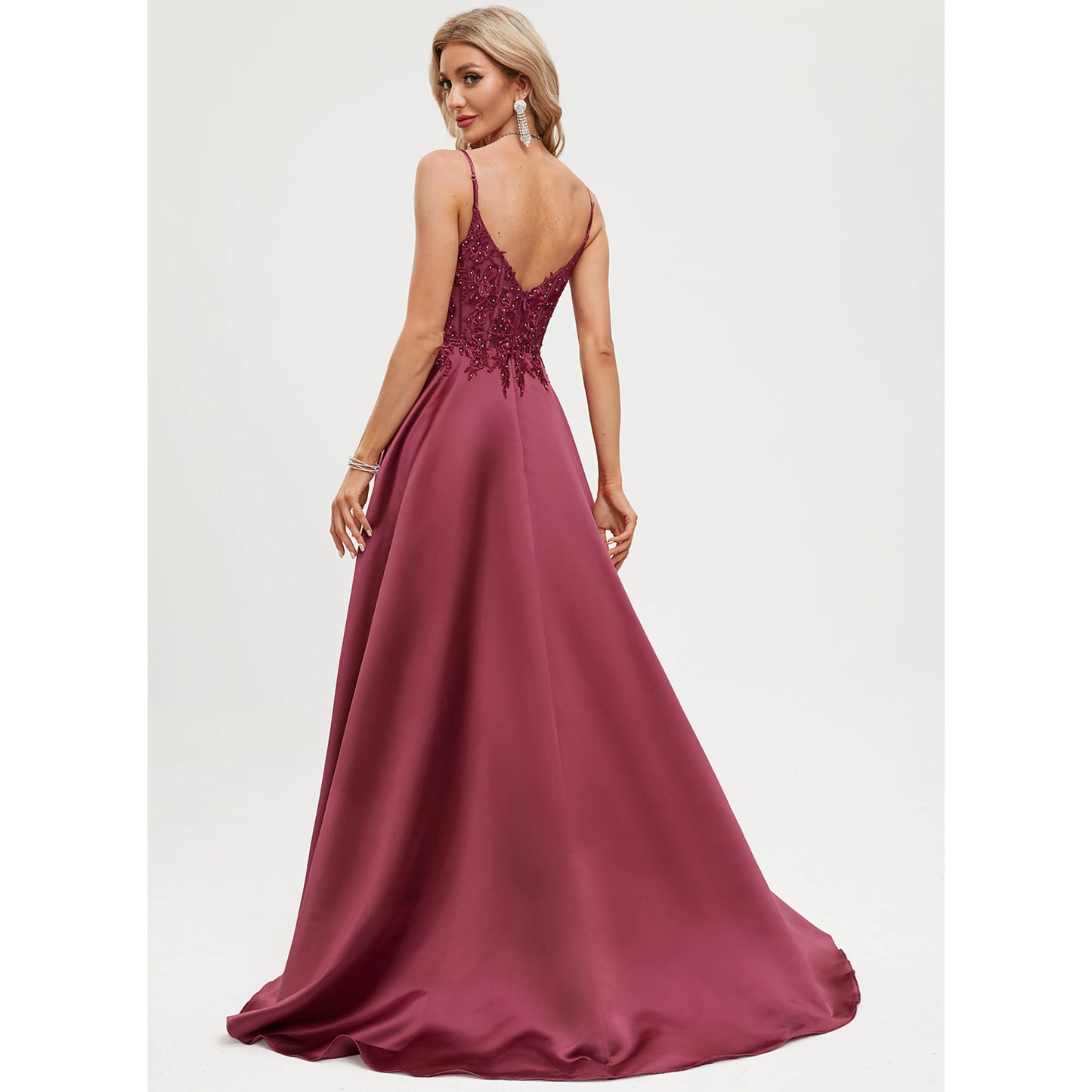 Elegant A-Line V-Neck Sleeveless Embellished Slit Burgundy Floor-Length Prom Dress