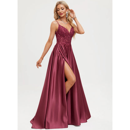 Elegant A-Line V-Neck Sleeveless Embellished Slit Burgundy Floor-Length Prom Dress